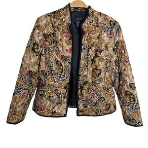 R.Q.T. Petite Quilted Paisley Floral Jacket Gold Burgundy Zip Front Size PM y2k